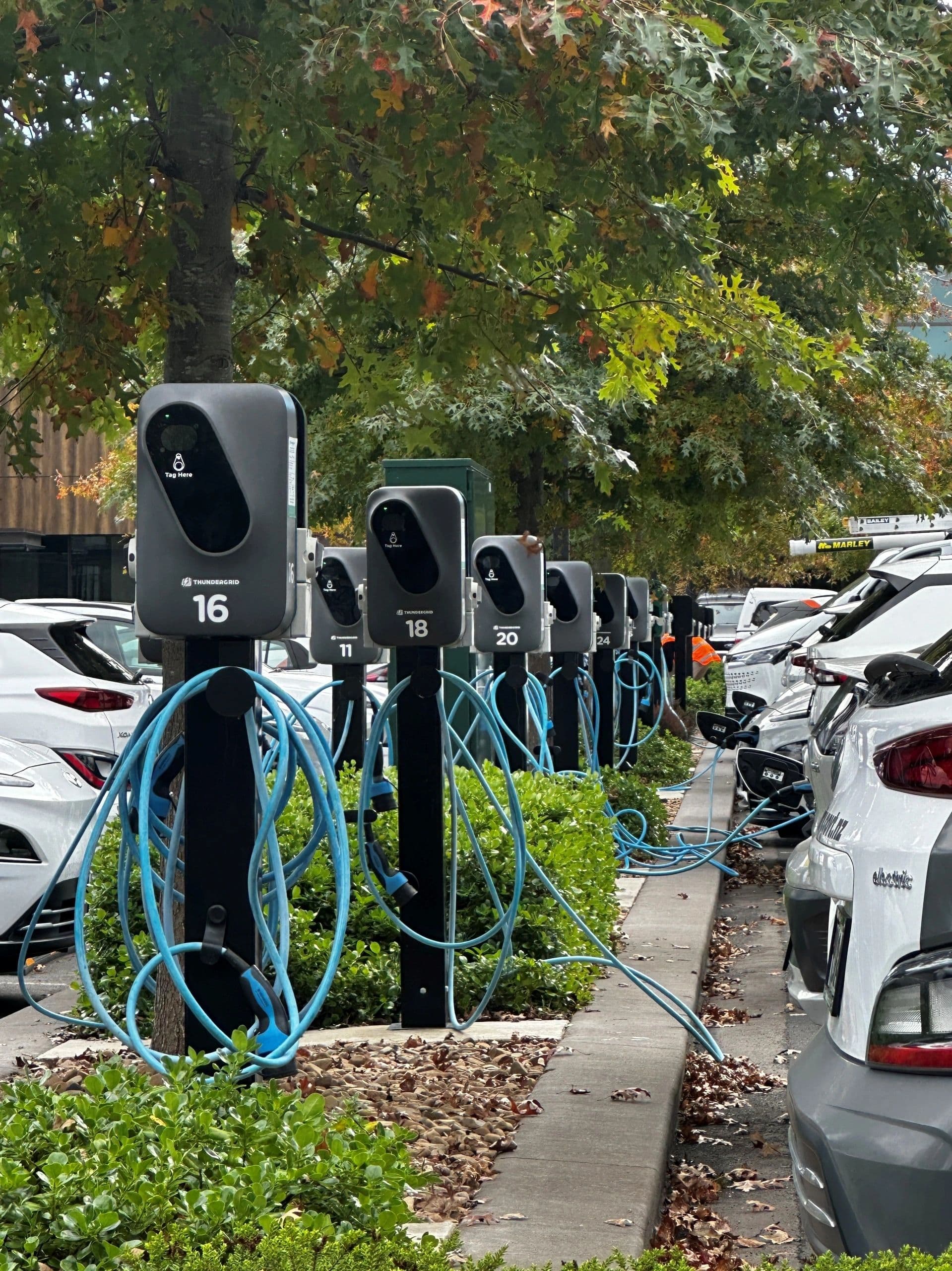 Row of Etrel Inch Pro commercial EV charging stations installed by Tronic Electrical